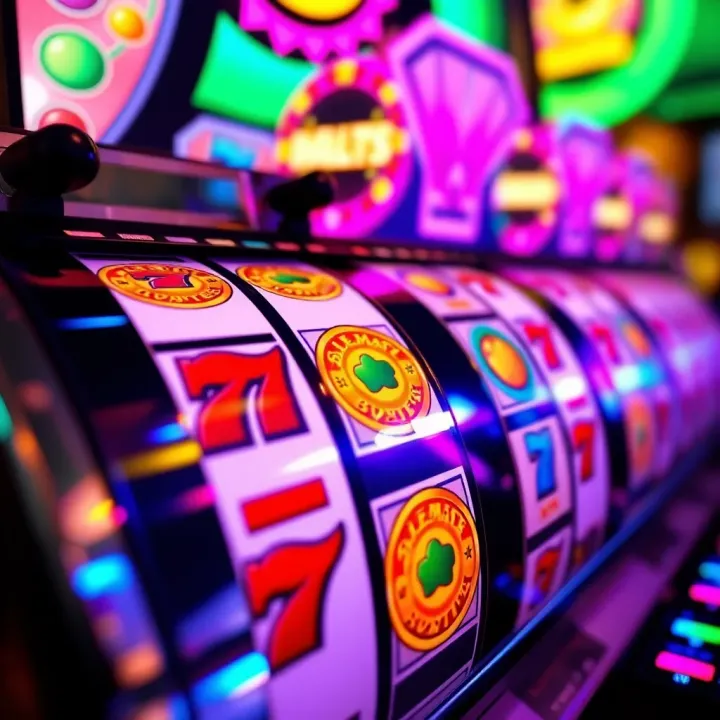 Close-up of colorful slot reels displaying winning combination symbols