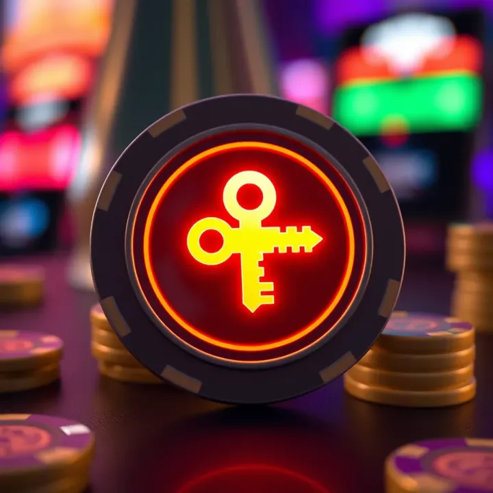 Illustration of a glowing casino chip with a key symbol representing unlocking no deposit bonus codes at Pokie Mate Casino