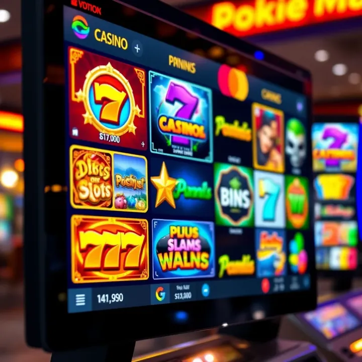 Colorful assortment of online casino slot games displayed on a digital screen