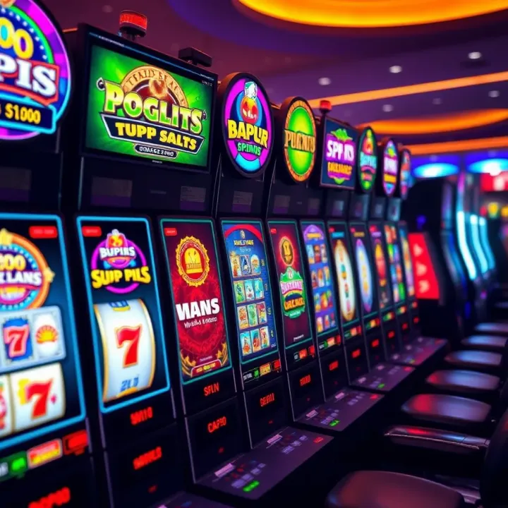 Colorful online pokies game screen with various symbols and spinning reels