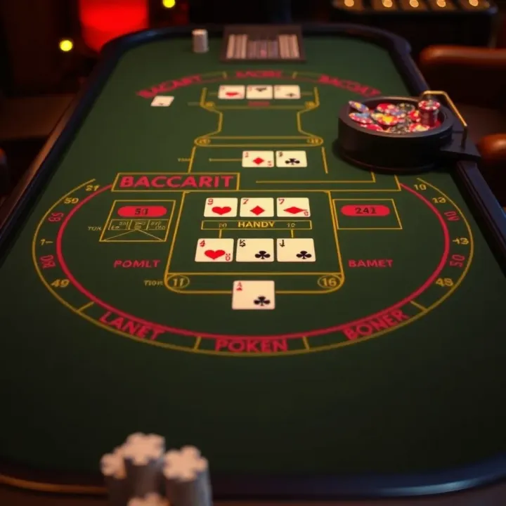 Illustration of baccarat game table layout showing betting areas and card positions for online gameplay