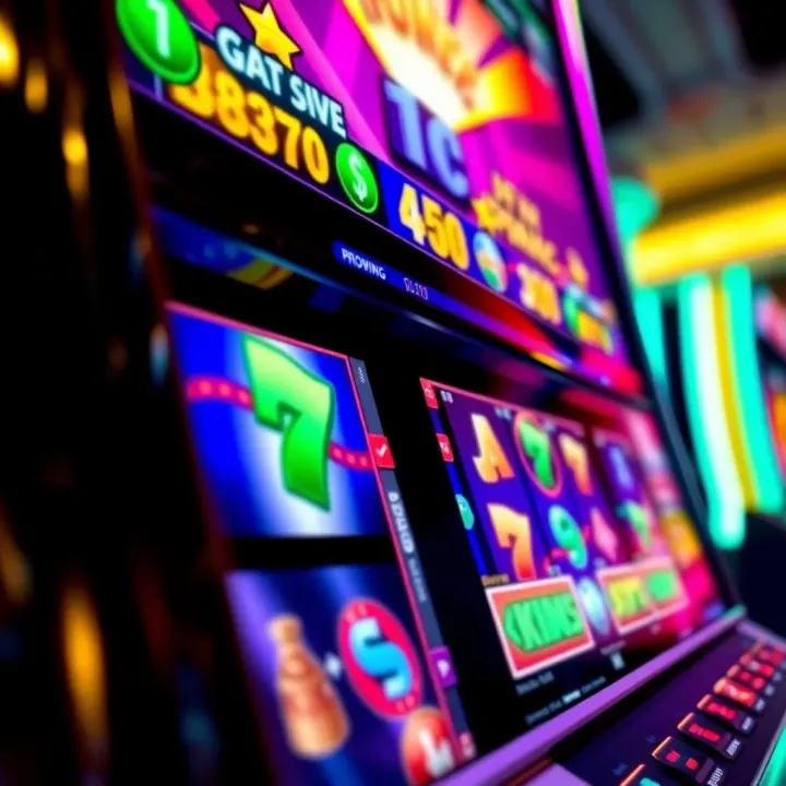 Vibrant Online Slot Machine with Spinning Reels Colorful online slot machine screen featuring vibrant symbols and spinning reels