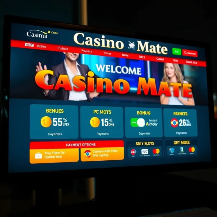 Casino Mate welcome screen displaying bonus offers and payment options