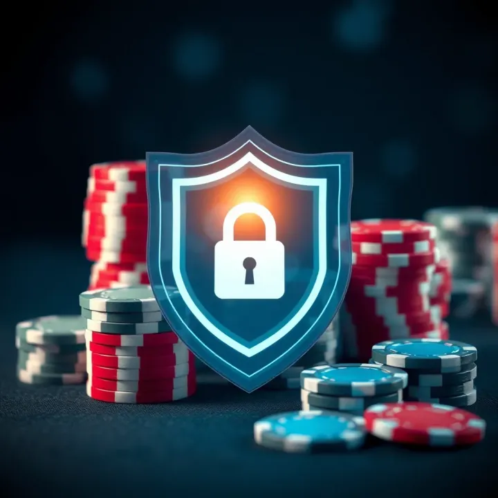 Security shield icon with casino chips and a secure padlock symbolizing protected online gaming