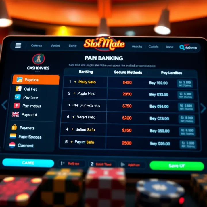 User interface showing banking options and secure payment methods on an online casino platform