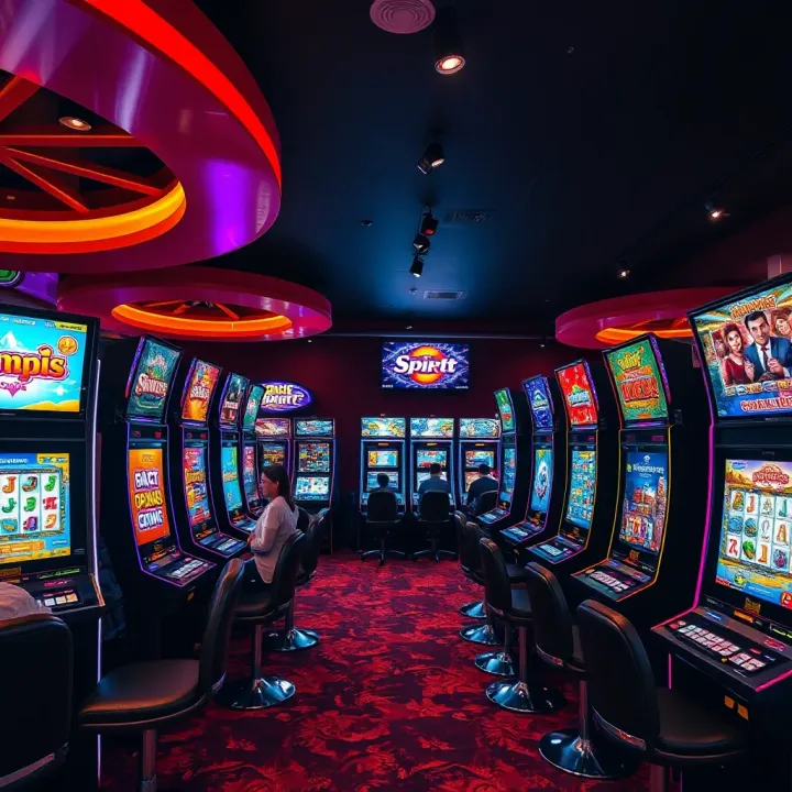 Online casino game selection with various slot machines and card games on digital screens