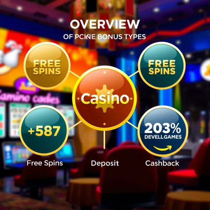 Graphic depicting various casino bonus types with icons representing free spins, deposit bonuses, and cashback offers