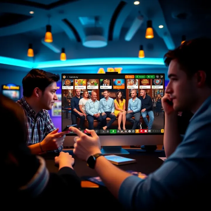Australian casino players engaging in a lively chat on a digital platform with casino-themed icons around