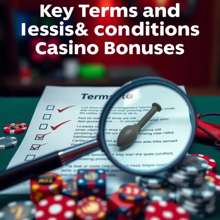 Conceptual graphic showing casino bonus terms and conditions with checklist and magnifying glass