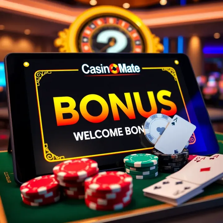 Casino Mate welcome bonus offer on digital interface with casino chips and cards