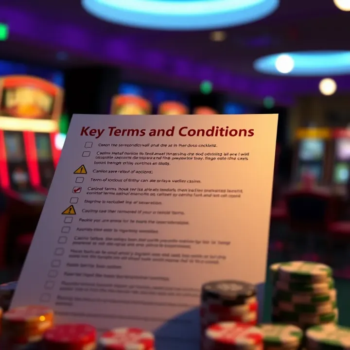 Illustration of a checklist highlighting common terms and conditions for casino bonuses with caution symbols
