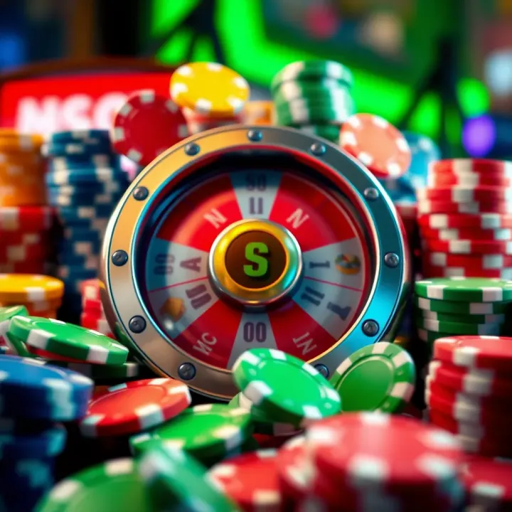 Colorful casino chips surrounding a spinning slot machine reel symbolizing no deposit free spins at Casino Mate