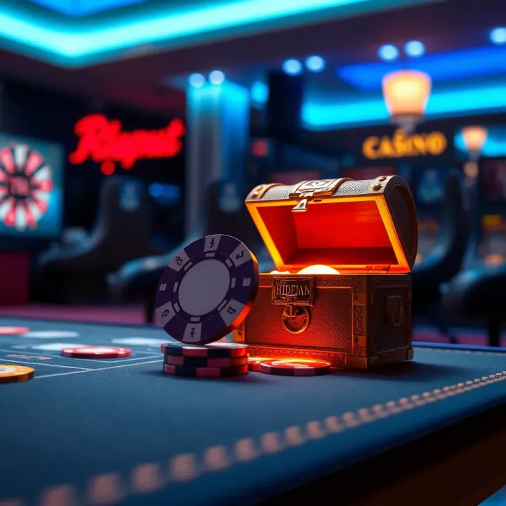 Illustration of a casino chip and a glowing treasure chest representing hidden bonuses
