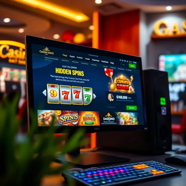 Computer screen displaying a casino website with spinning reels and bonus offer notifications