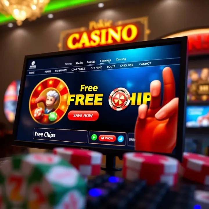 Computer screen showing online casino interface highlighting free chip bonus offer