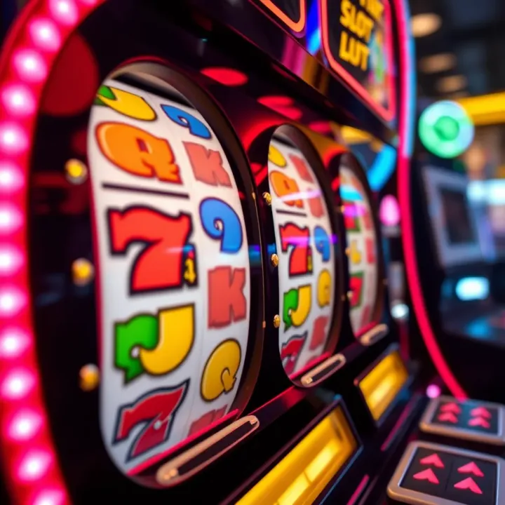 Close-up of casino slot machine reels displaying various colorful symbols during a spin