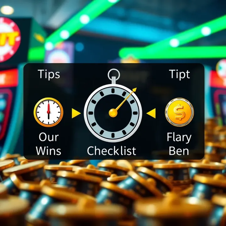 Illustration of strategies and tips represented by icons such as coins, a clock, and a checklist for effective slot gameplay