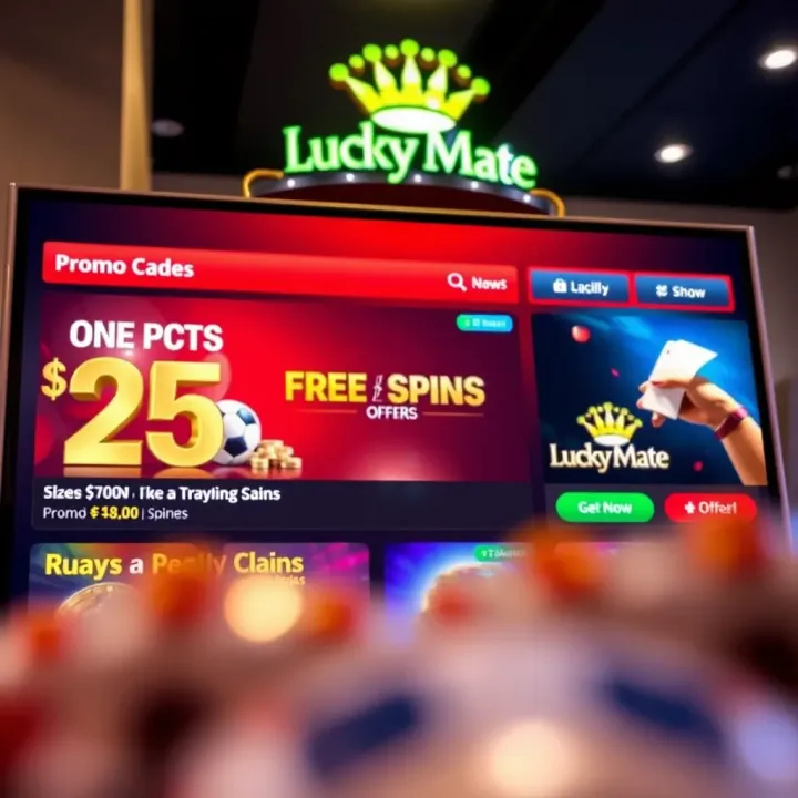 Lucky Mate Casino interface displaying promo codes and free spins offers