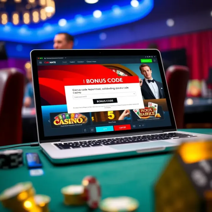 Illustration of a laptop screen displaying a discount code and casino interface