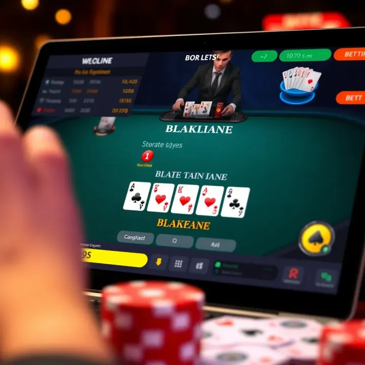 Online casino interface displaying blackjack gameplay with cards and betting options highlighted