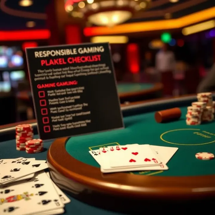 Illustration of strategy tips for blackjack showing cards and a checklist for responsible gaming