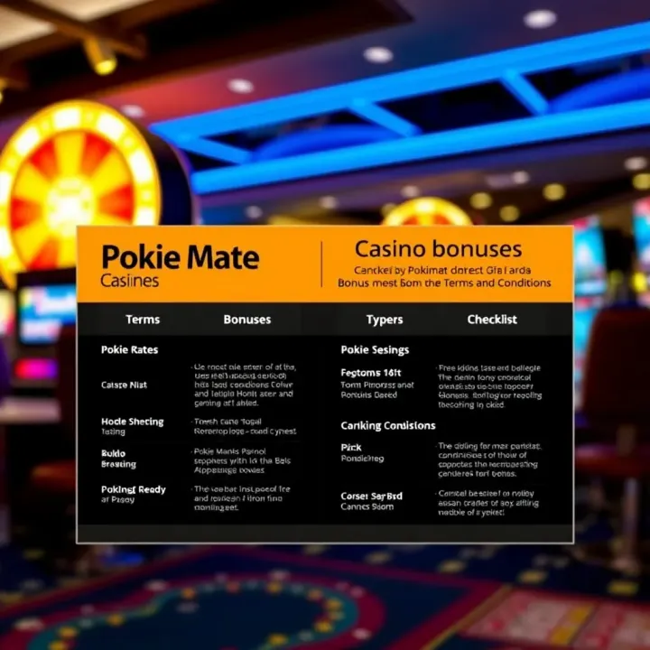 Graphic showing different types of Pokie Mate casino bonuses with terms and conditions checklist