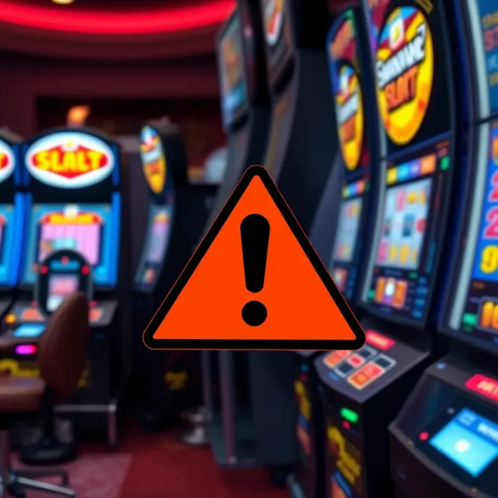 Illustration of a caution symbol alongside a slot machine, highlighting risks and safety in online gambling