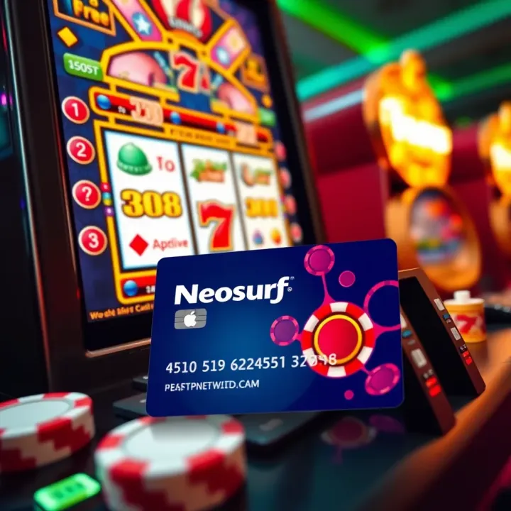 Neosurf prepaid card with poker chips and online slot machine on a digital screen