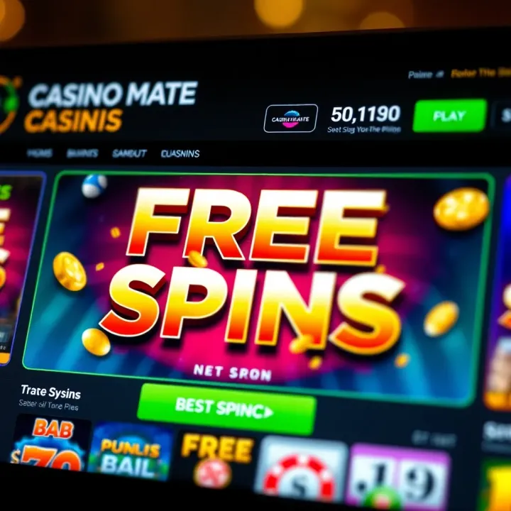 Casino Mate website interface showing highlighted free spins promotions banner