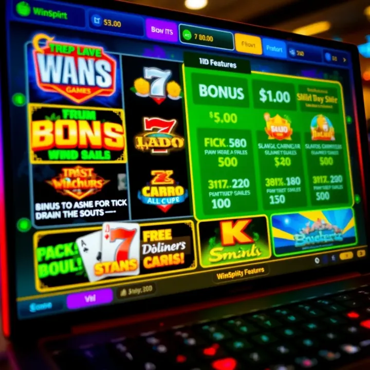 Digital interface displaying various types of online slot games with bonus features and payouts highlighted