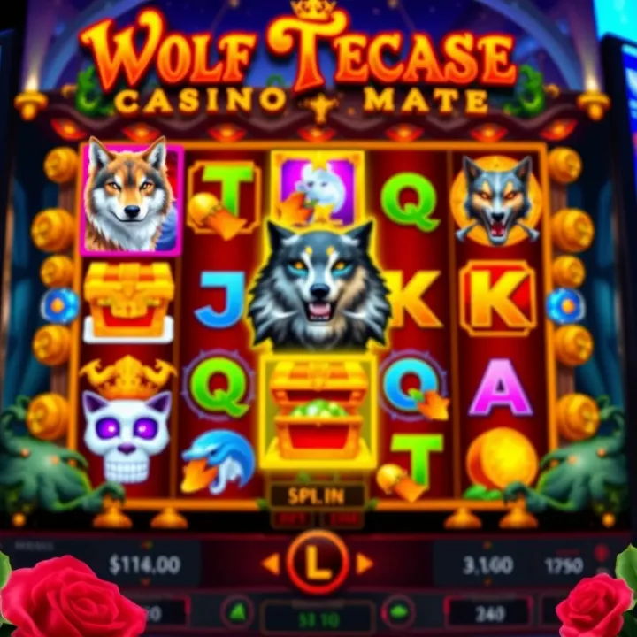 Colorful slot game interface showcasing symbols of wolves, treasure chests, and mystical icons